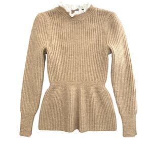 Lea and Viola Tan Ribbed Peplum Sweater with Ruffle Collar Women's Size S NWT